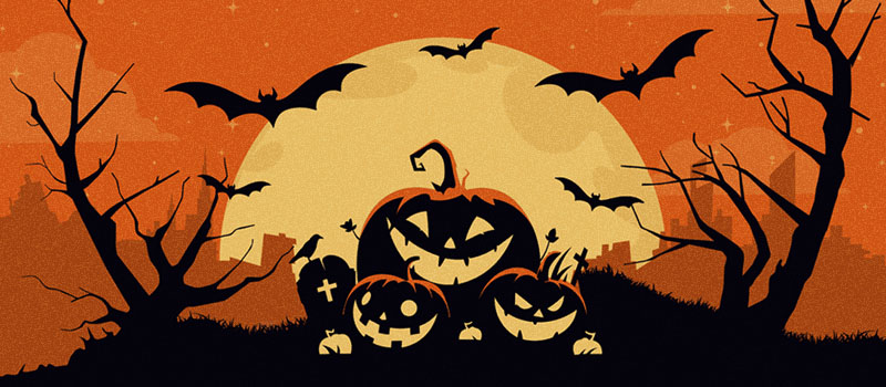 Halloween pumpkins, bats, spooky night