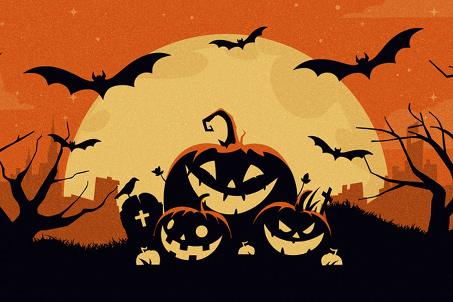 Halloween pumpkins, bats, spooky night
