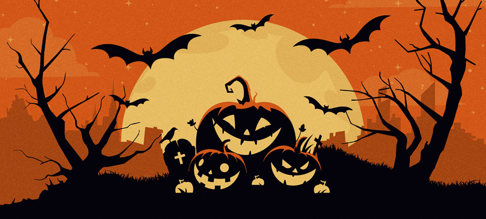 Halloween pumpkins, bats, spooky night