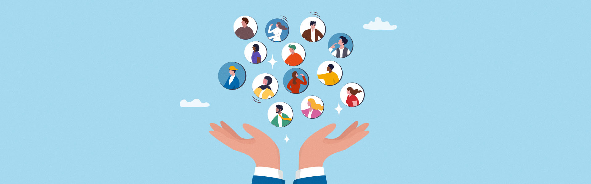 Diverse team network above hands