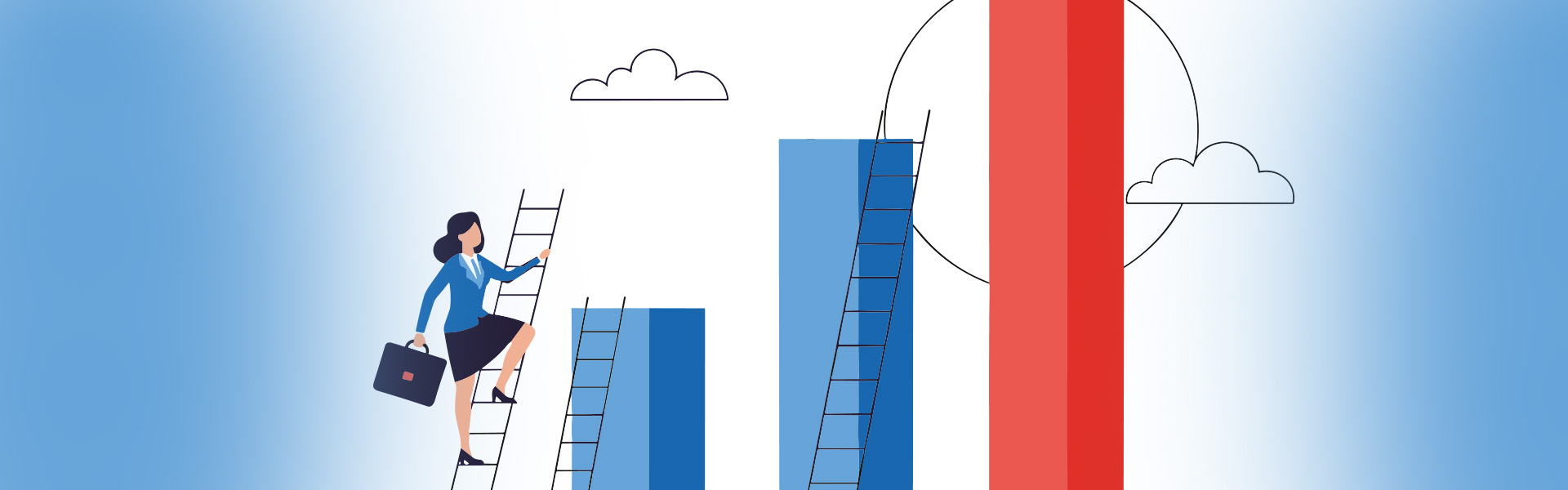 Businesswoman climbing bar graph ladder