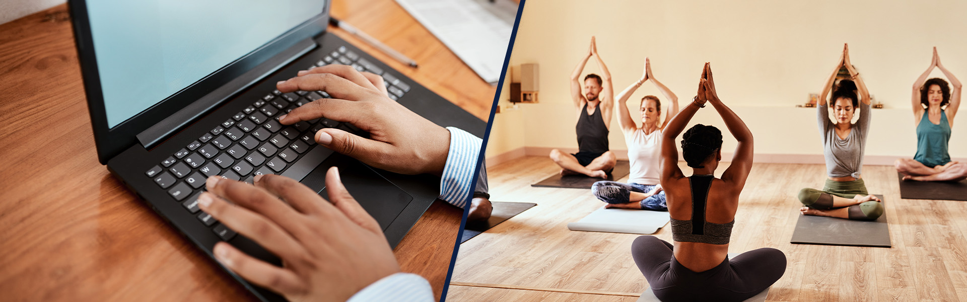 Typing on laptop, group yoga class