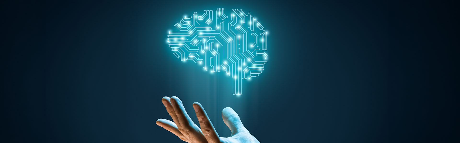 Hand reaching digital brain illustration
