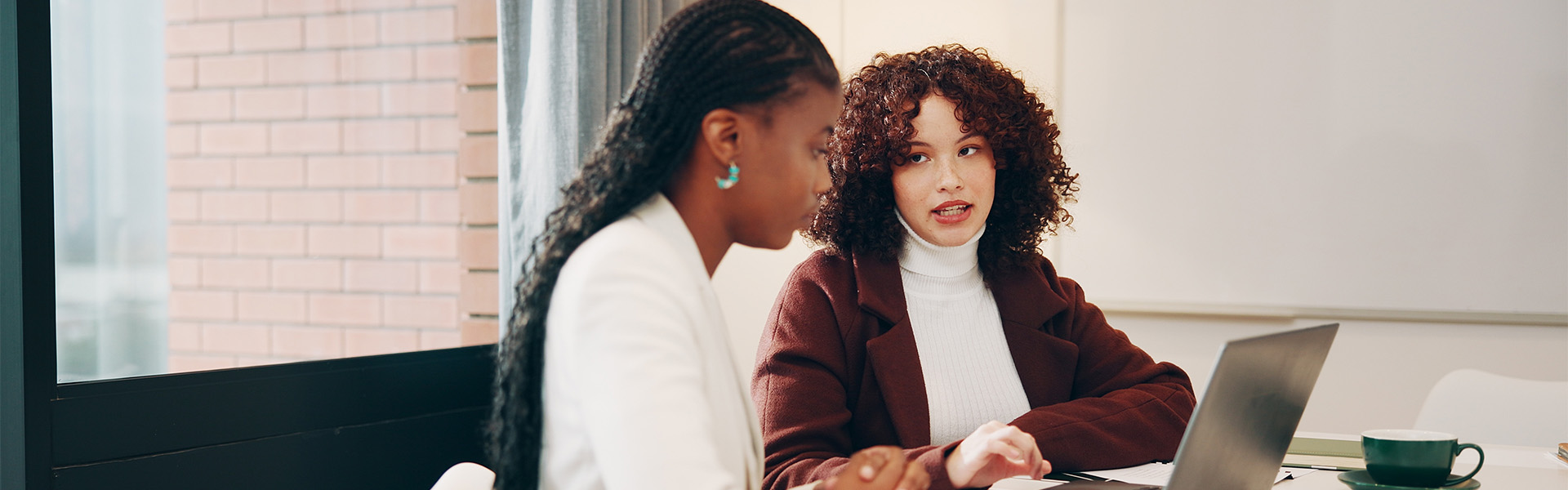 Businesswomen discussing project at laptop
