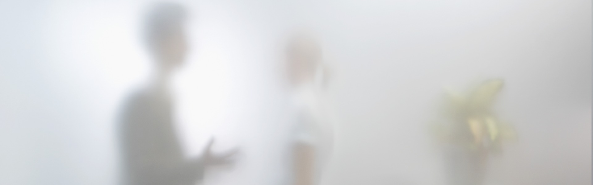 Two people standing behind opaque glass conversing in an office setting