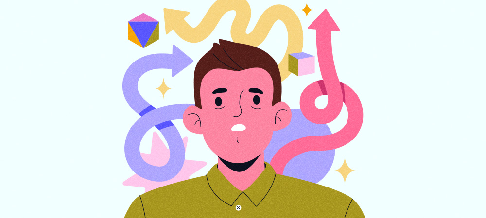 Confused person with colorful arrows