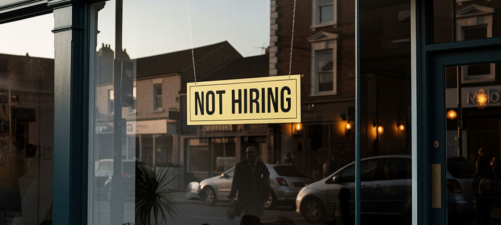 Not hiring sign in window of business