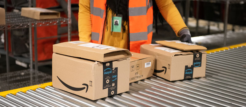 Amazon packages on conveyor belt