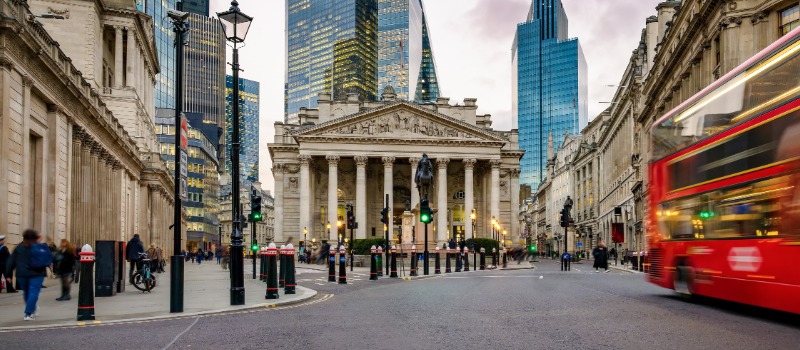 London Bank district red bus