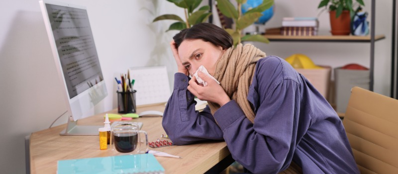 Sick woman working at desk