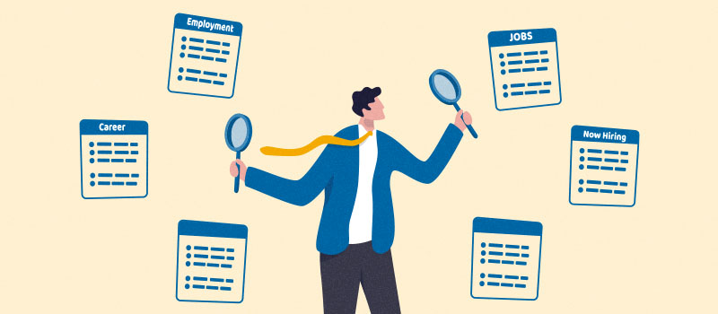 Job search illustration with magnifying glasses