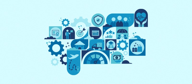 Business productivity icons collage illustration