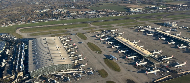 Busy international airport aerial view