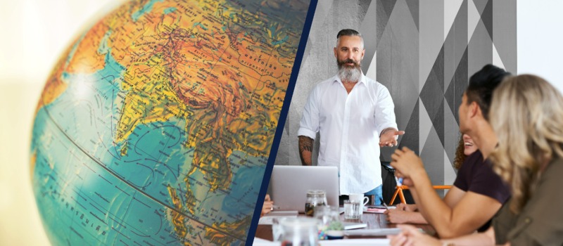 Business meeting and world map