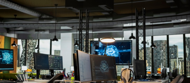 Cybersecurity office with computer monitors