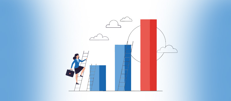 Businesswoman climbing bar graph ladder