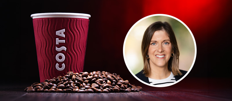 Costa coffee cup, coffee beans, woman