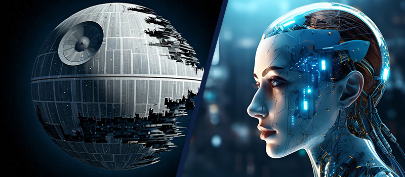 Death Star and futuristic cyborg