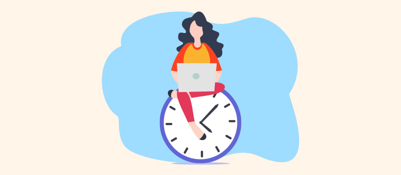 Woman working laptop on clock