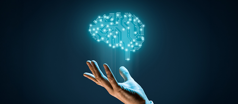 Hand reaching digital brain illustration