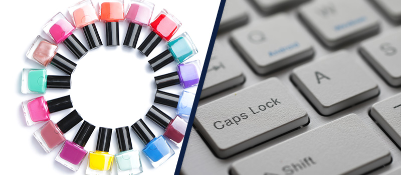 Colorful nail polishes, computer keyboard
