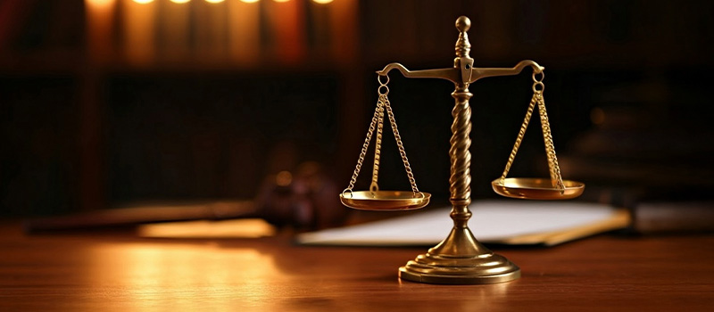 Golden justice scales on desk