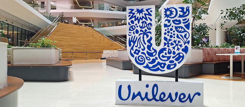 Unilever logo in modern lobby