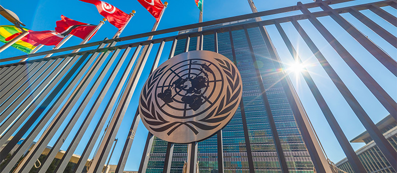 United Nations headquarters with flags