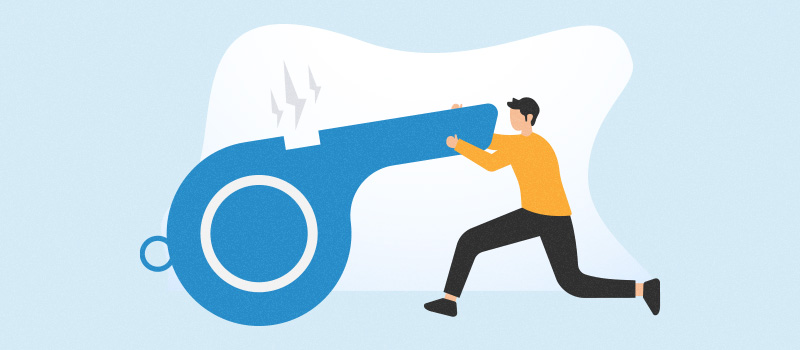 Man blowing giant blue whistle
