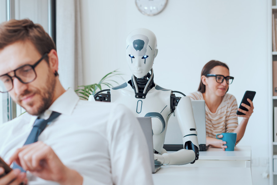 Robot working with office employees