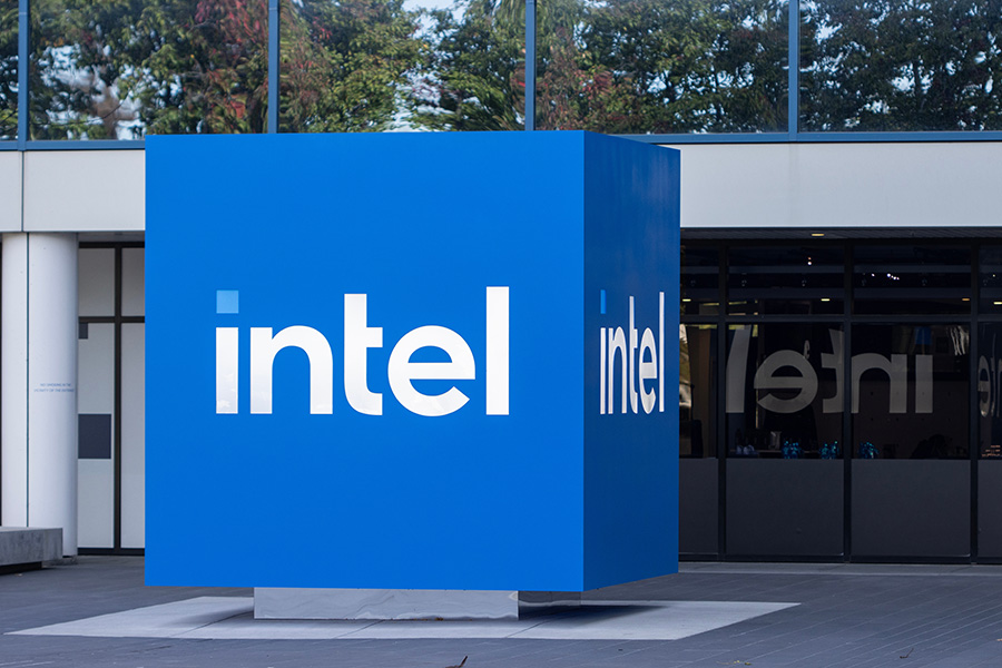 Intel headquarters blue logo sign