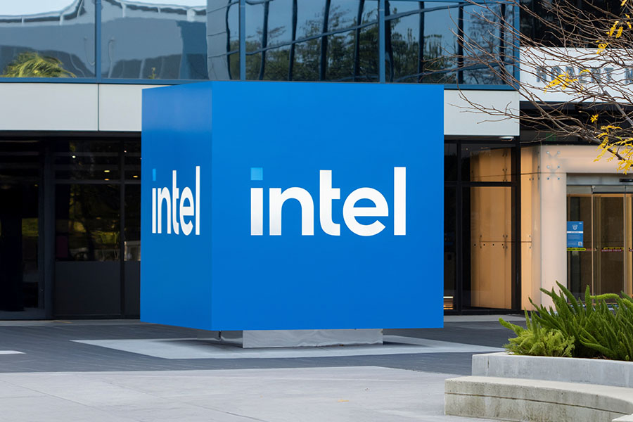 Intel headquarters blue logo sign