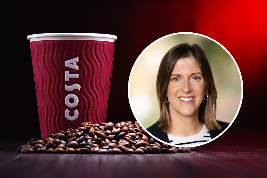Costa coffee cup, coffee beans, woman