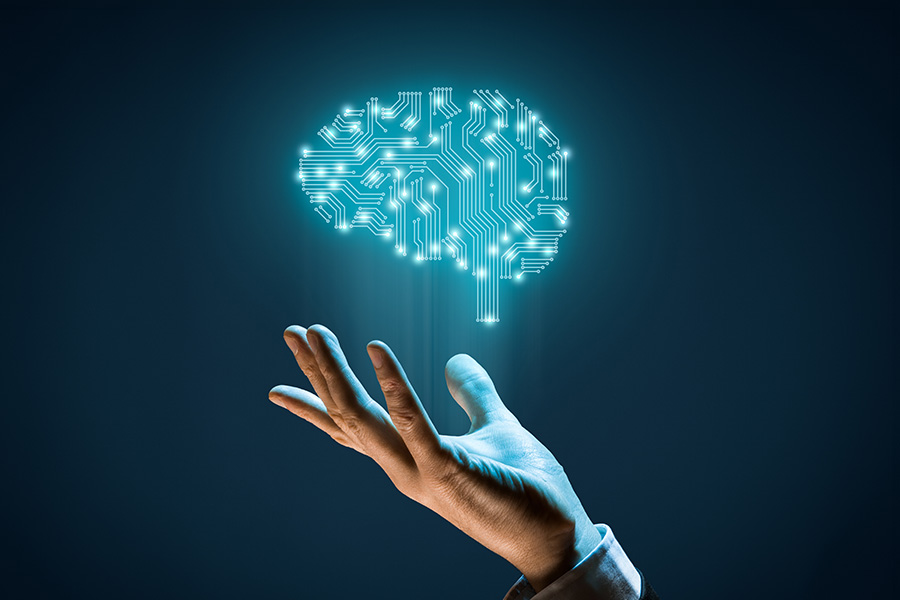 Hand reaching digital brain illustration