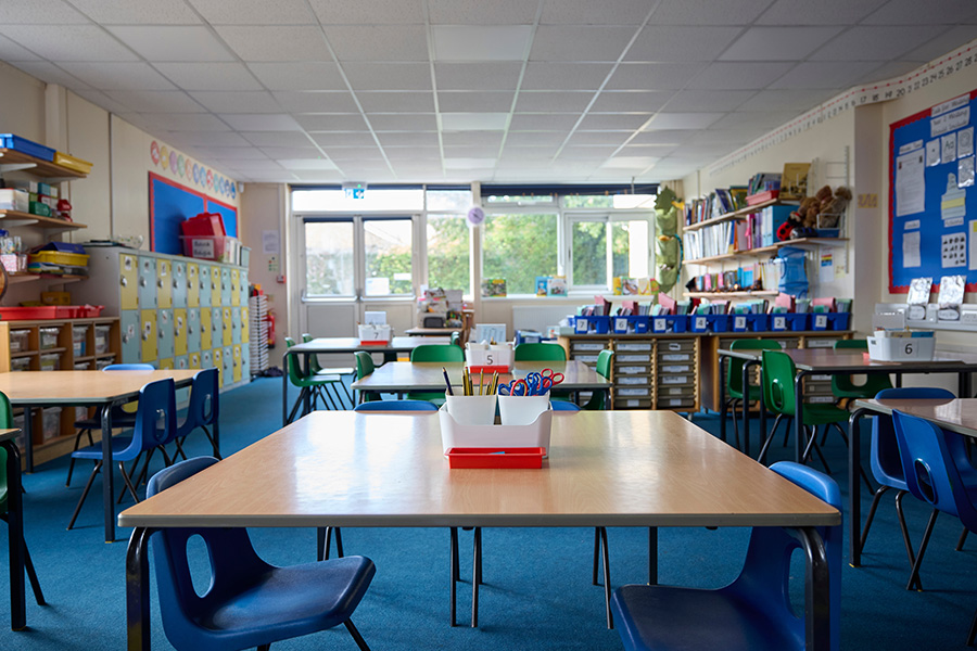Empty elementary school classroom interior