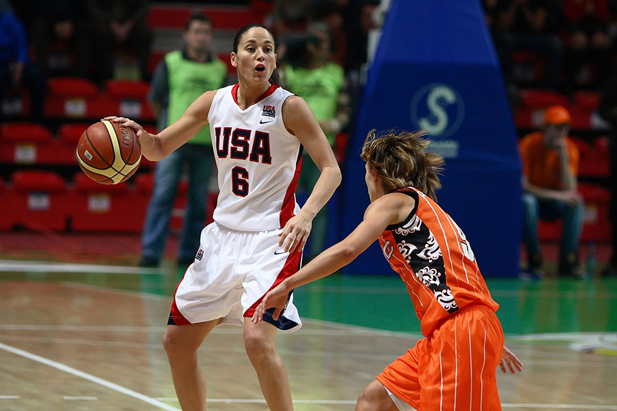 WNBA player dribbling