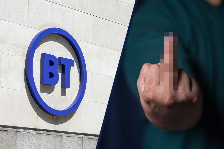 BT logo and offensive gesture