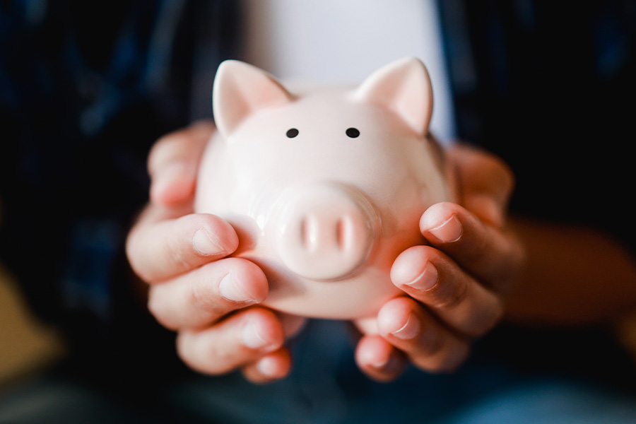 Hands holding pink piggy bank